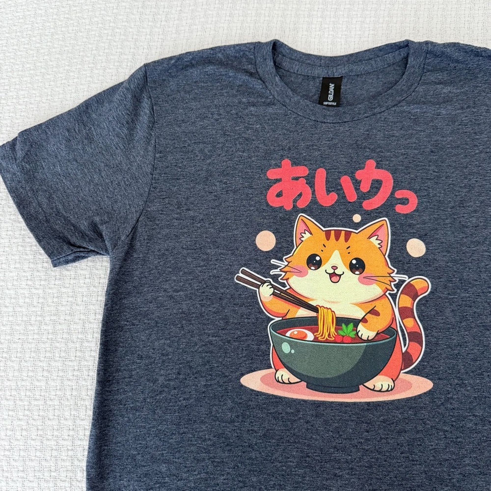Kawaii Navy Blue  Ramen Cat Graphic Tee, Ramen Cat Tshirt Unisex Small, Top